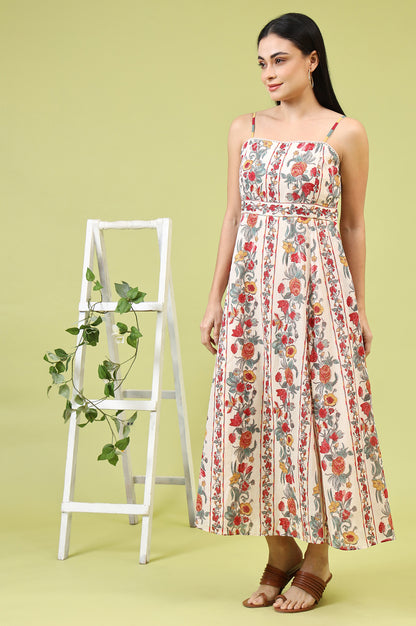 Off-White Vibrant Floral Printed Pure Cotton Flared Spaghetti Dress - Image 1