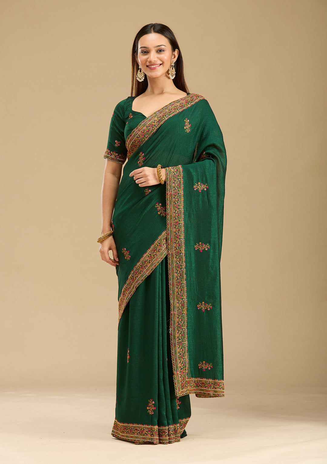 Bottle Green Kashmiri Soft Raw Silk Saree - Image 1
